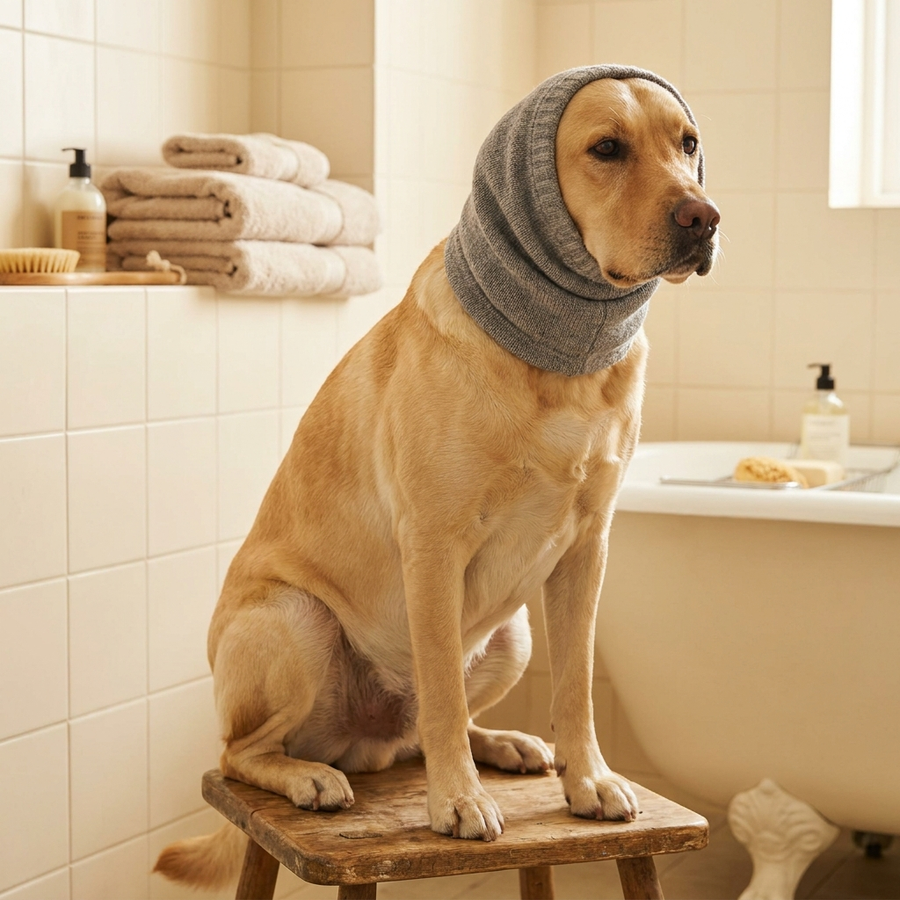 Dog wearing QuietEars calming hood